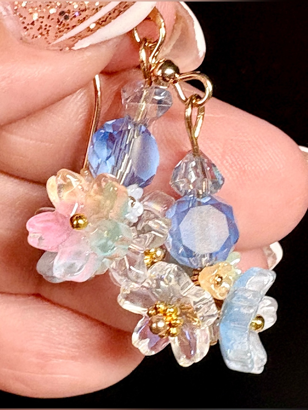 Hand Crafted Gold-Tone Pastel Floral Cluster Earrings with Blue Beads